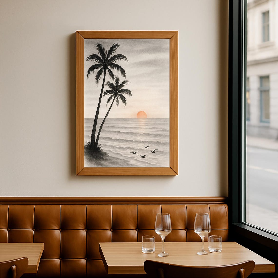 Black Ink Palm Trees Ocean Sunset Minimalist Zen Scene Poster - Image 2