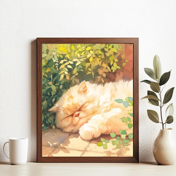 Fluffy White Cat Napping in Sunlight Watercolor Animal Poster