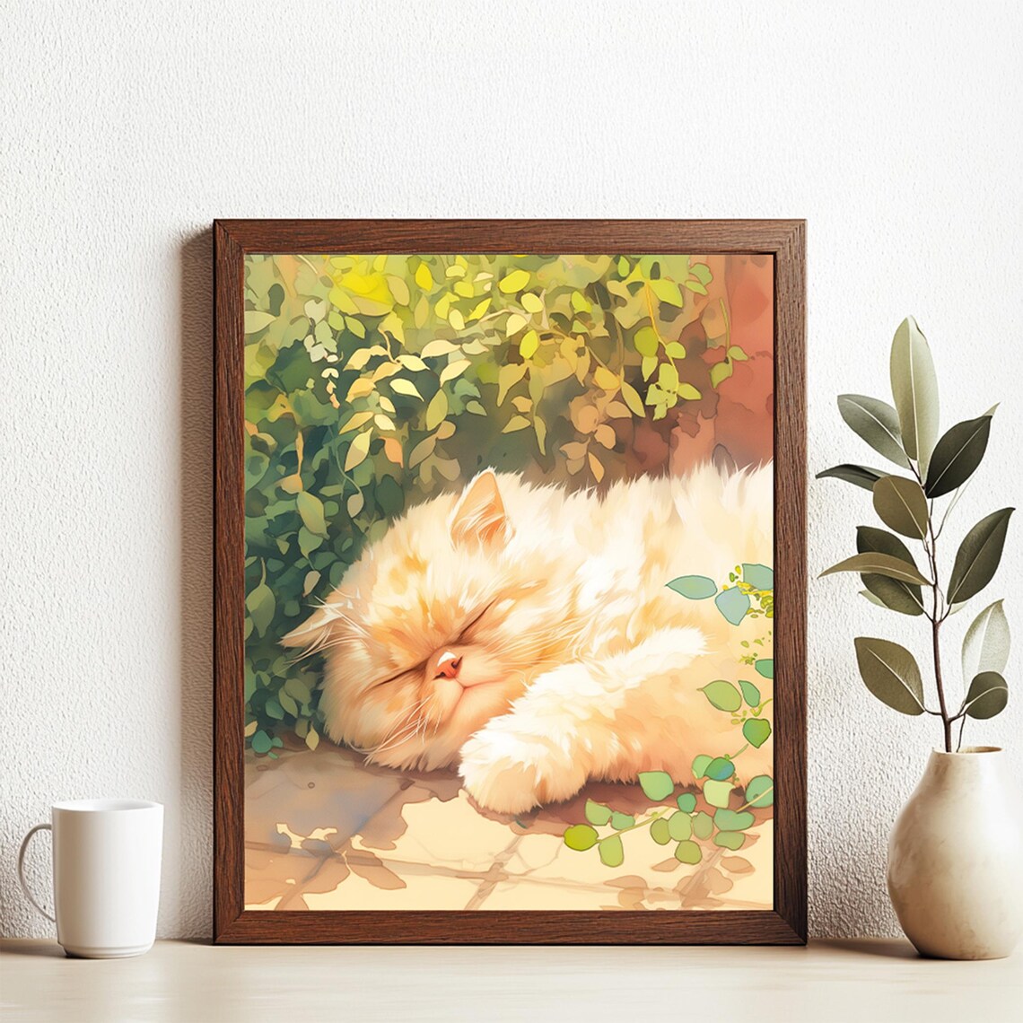 Fluffy White Cat Napping in Sunlight Watercolor Animal Poster