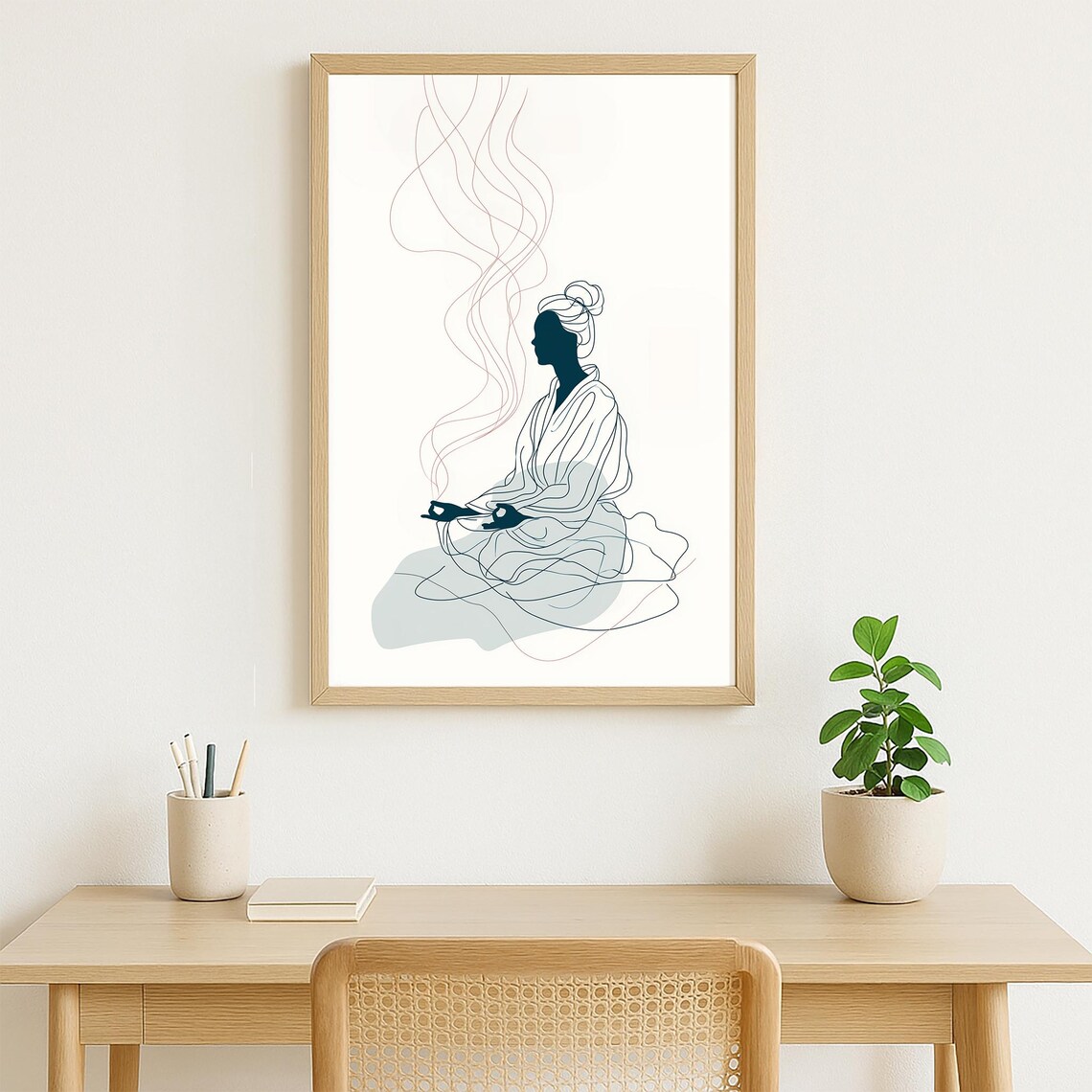 Line Art Meditating Woman Incense Smoke Yoga Mindfulness Poster - Image 3