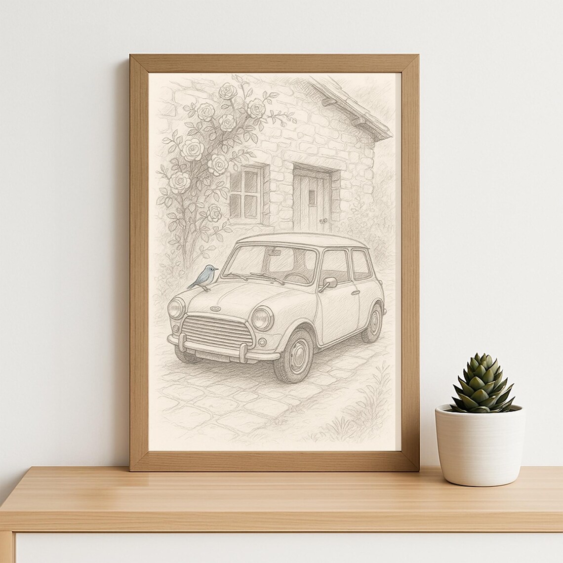 Vintage Mini Car Bluebird Cottage Roses Pencil Sketch Wall Art