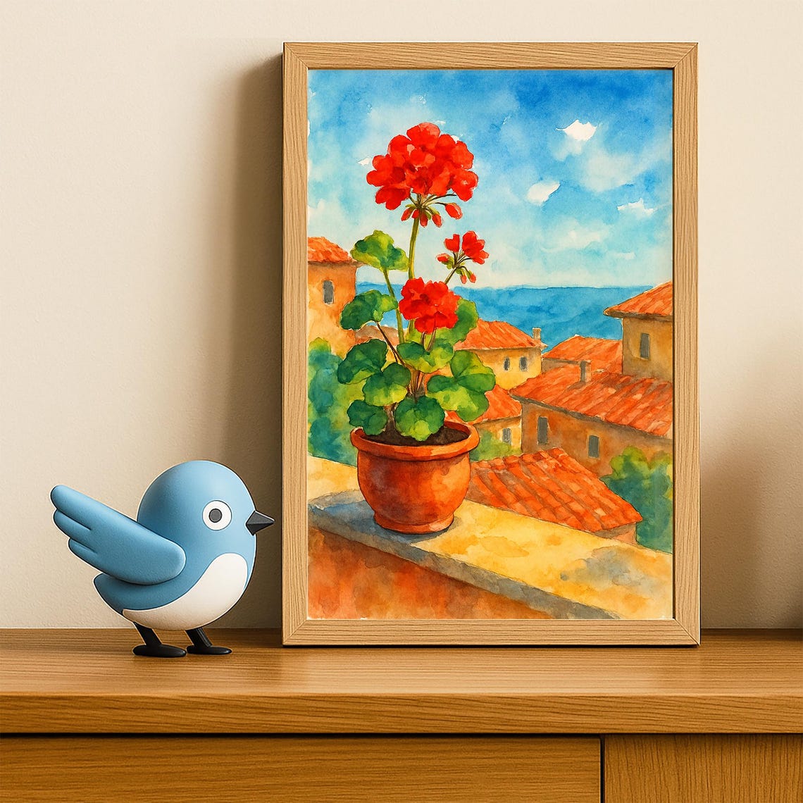 Red Geranium In Terracotta Pot Mediterranean Rooftops Sea Poster