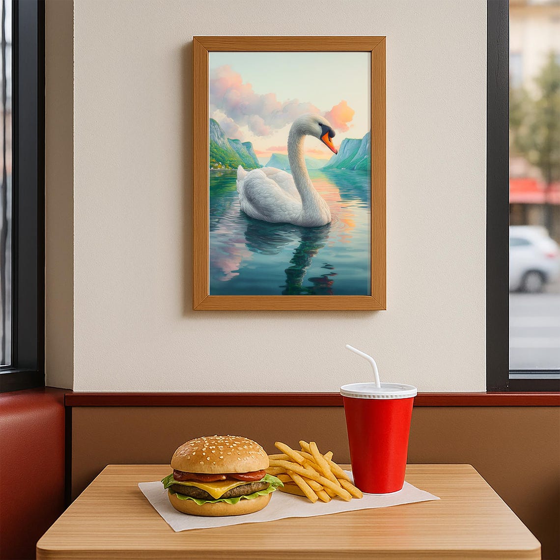 Elegant White Swan At Sunset Lake With Green Cliffs Watercolor Poster - Image 3
