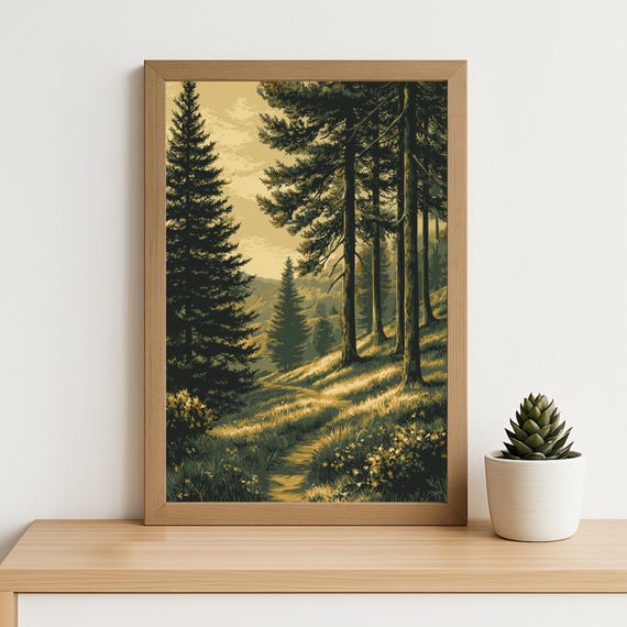 Golden Forest Trail Poster Vintage Art Print Of Mountain Trees And Sunset Path For Rustic Cabin Or Nature Wall Decor