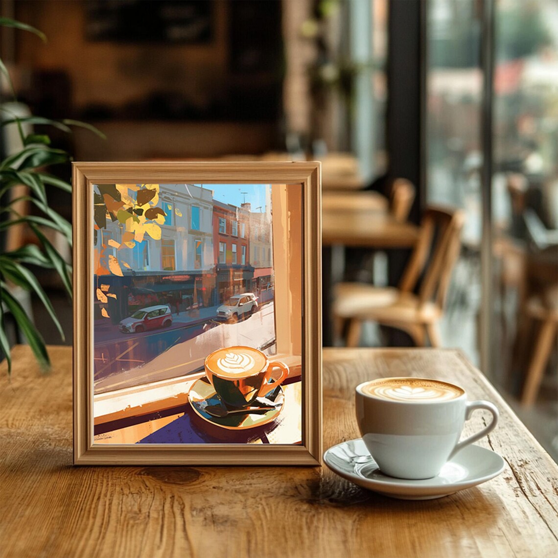 Cappuccino Cup Latte Art Sunlit Cafe Window Watercolor Wall Art - Image 2