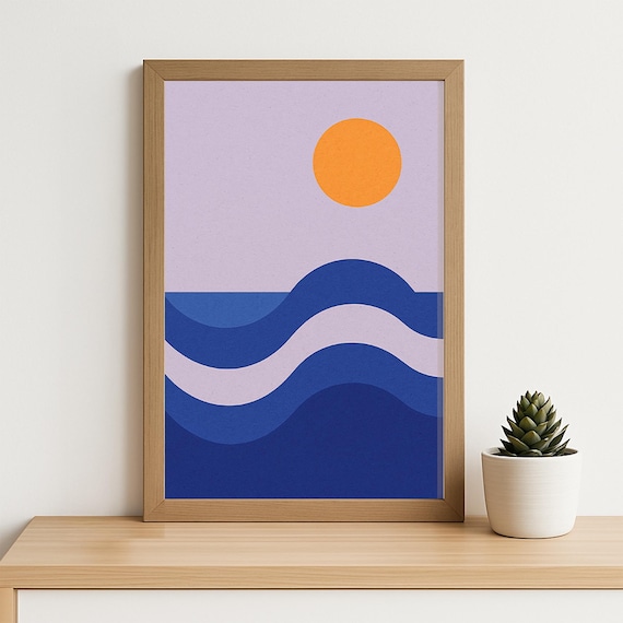 Modern Abstract Ocean Wall Art Geometric Waves And Sun Print In Blue Orange Minimal Coastal Decorfor Living Room Or Bedroom