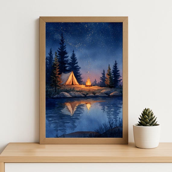 Campfire Night Under Stars Art Cozy Tent Watercolor Landscape Forest Camping Lake Reflection Print