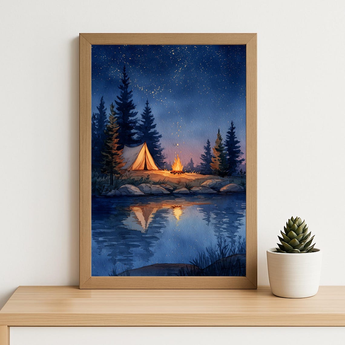 Campfire Under Starry Night Tent Lake Reflection Watercolor Poster