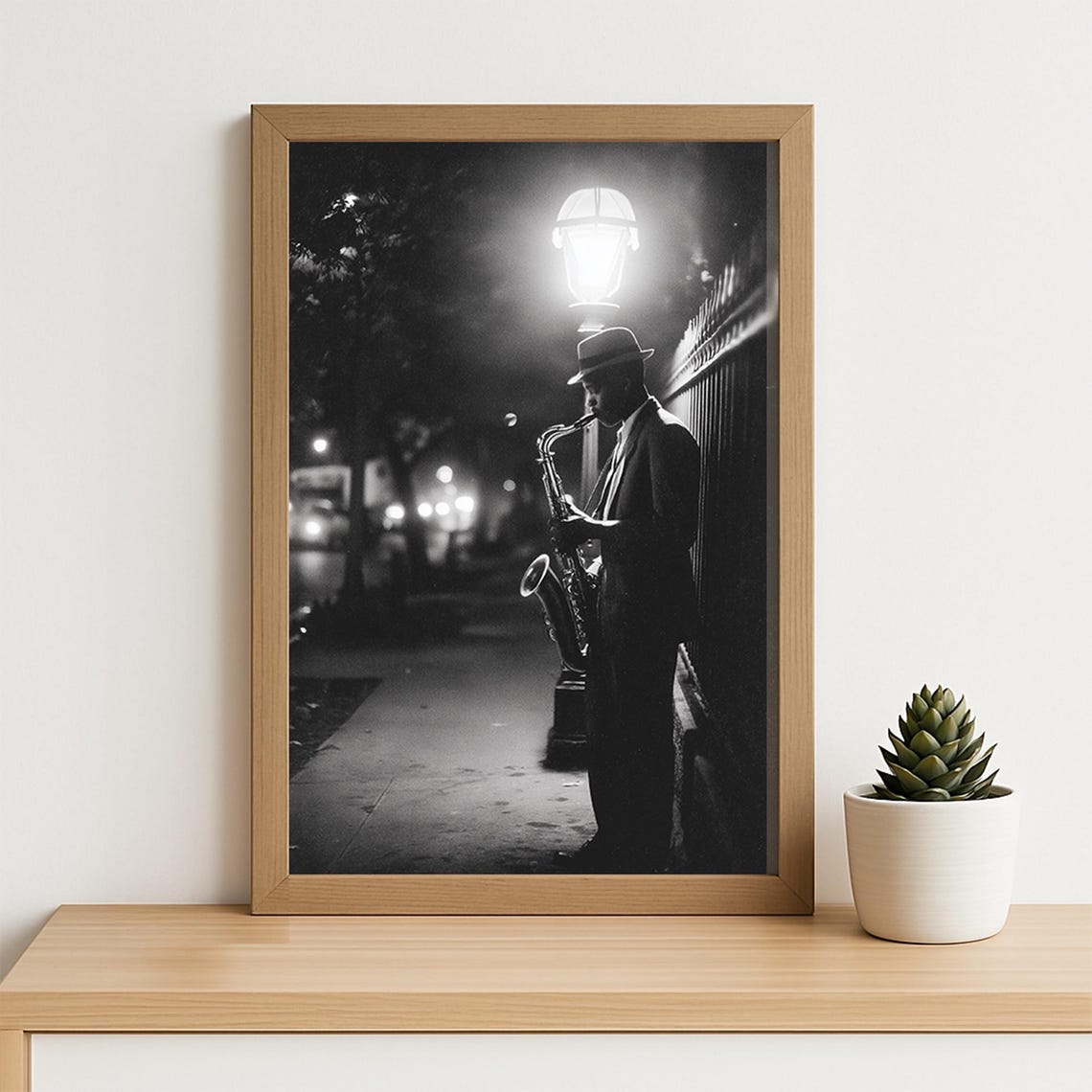 Vintage Jazz Saxophone Street Night Black White Music Photo Print