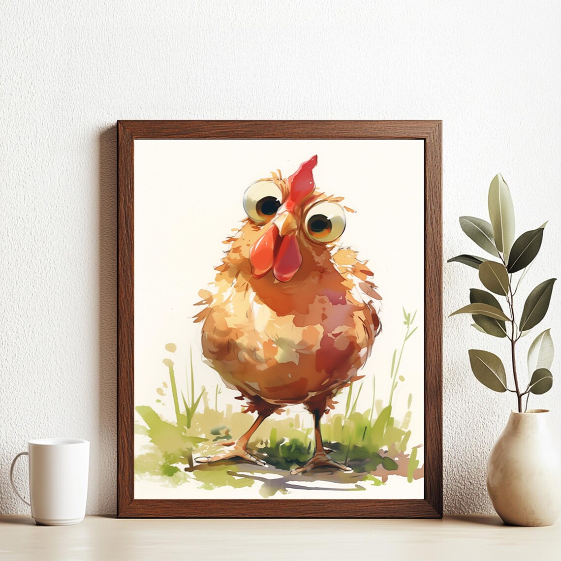 Whimsical Big Eyed Chicken Watercolor Farmhouse Kitchen Poster
