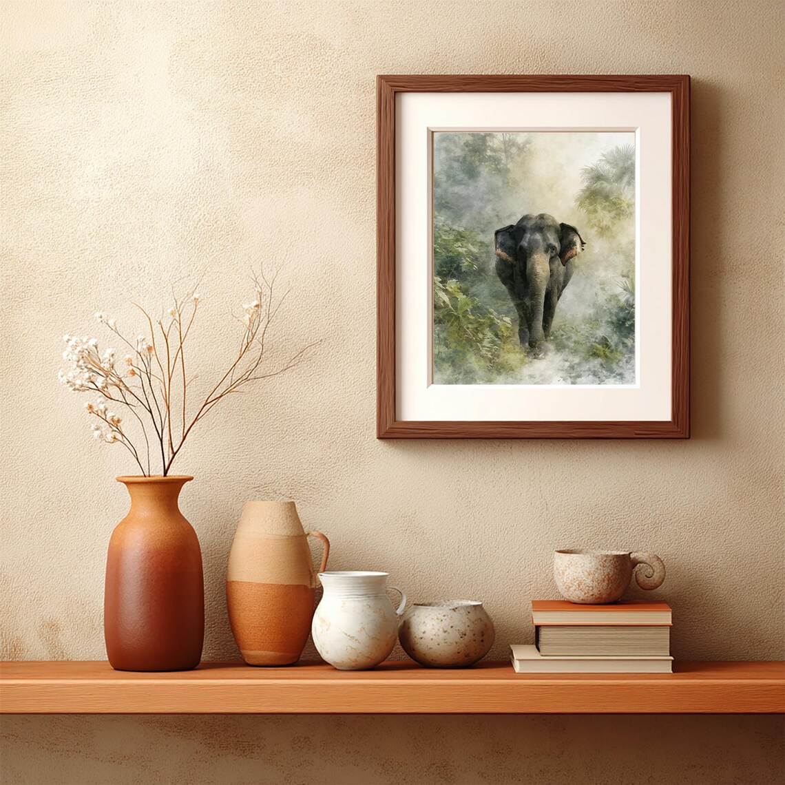 Misty Jungle Elephant Watercolor Majestic Wildlife Portrait Wall Art - Image 2
