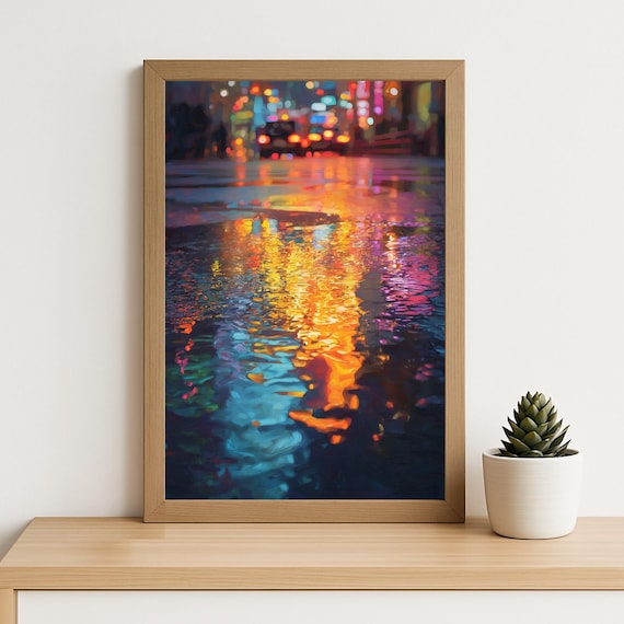 Neon City Reflection Oil Painting Colorful Night Street Abstract Wall Art Modern Urban Rain Print Vibrant Home Decor