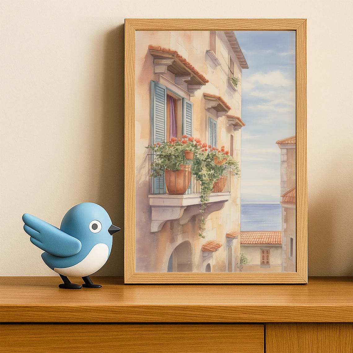 Mediterranean Balcony With Geranium Pots Blue Shutters Sea View Poster