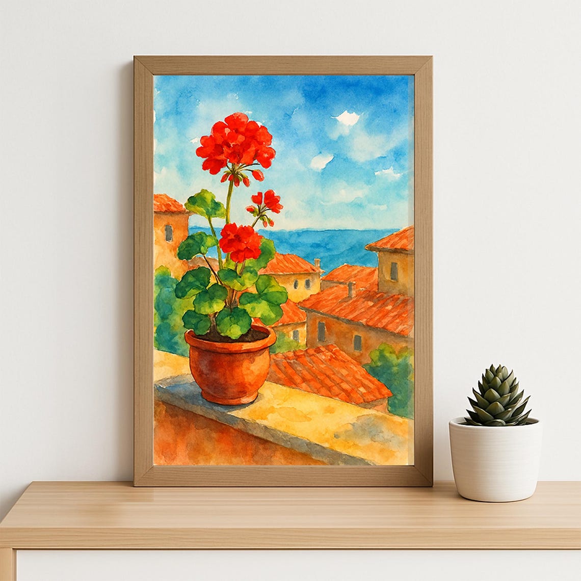 Red Geranium In Terracotta Pot Mediterranean Rooftops Sea Poster - Image 4