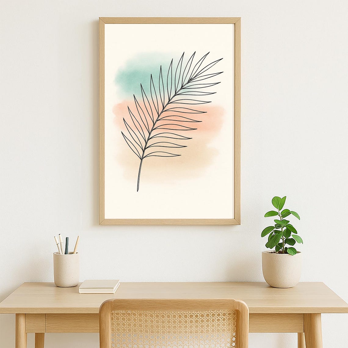 Minimalist Palm Leaf Line Art Pastel Watercolor Botanical Print - Image 3