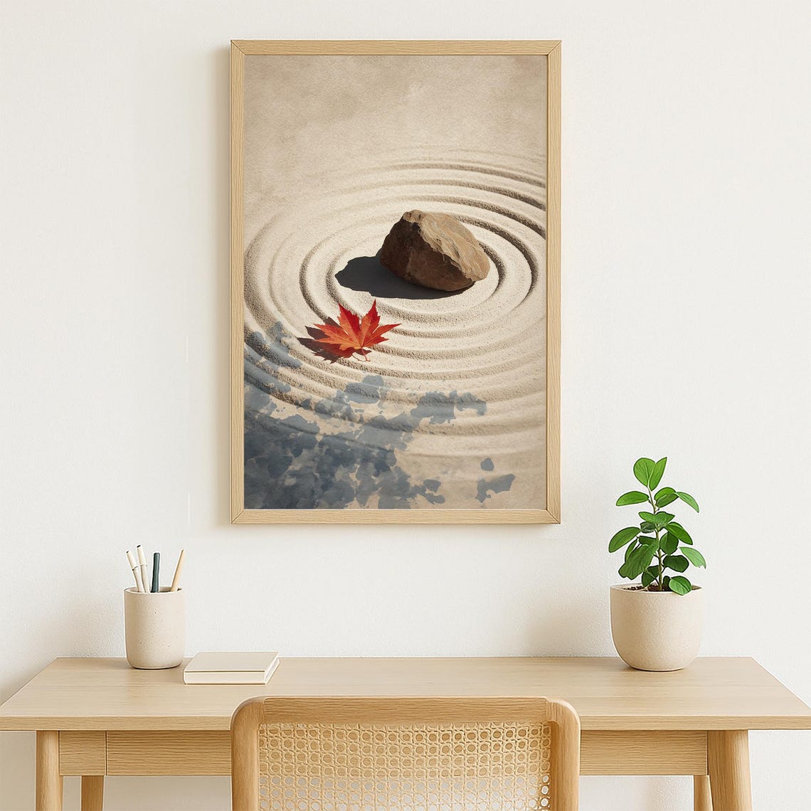 Zen Garden Raked Sand Stone Red Maple Leaf Stillness Art Poster - Image 4