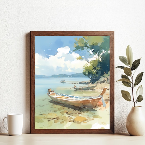 Wooden Fishing Boats Anchored at a Tropical Beach Watercolor Poster