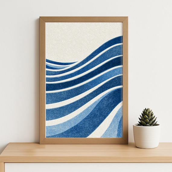 Abstract Blue Ocean Wave Lines Minimalist Coastal Art Poster