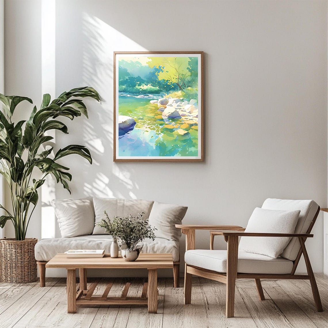 Sunlit Forest Stream Rocks Watercolor Peaceful Nature Wall Art - Image 3