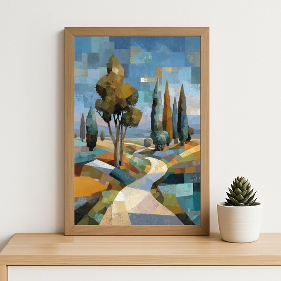Geometric Countryside Path Art Print Abstract Landscape Wall Decor Rustic Pastel Poster For Farmhouse Natureloving Homes