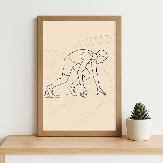 Minimalist Runner Line Art Print Athlete In Starting Position On Track Elegant Modern Sports Poster For Gym Or Motivation Wall Decor