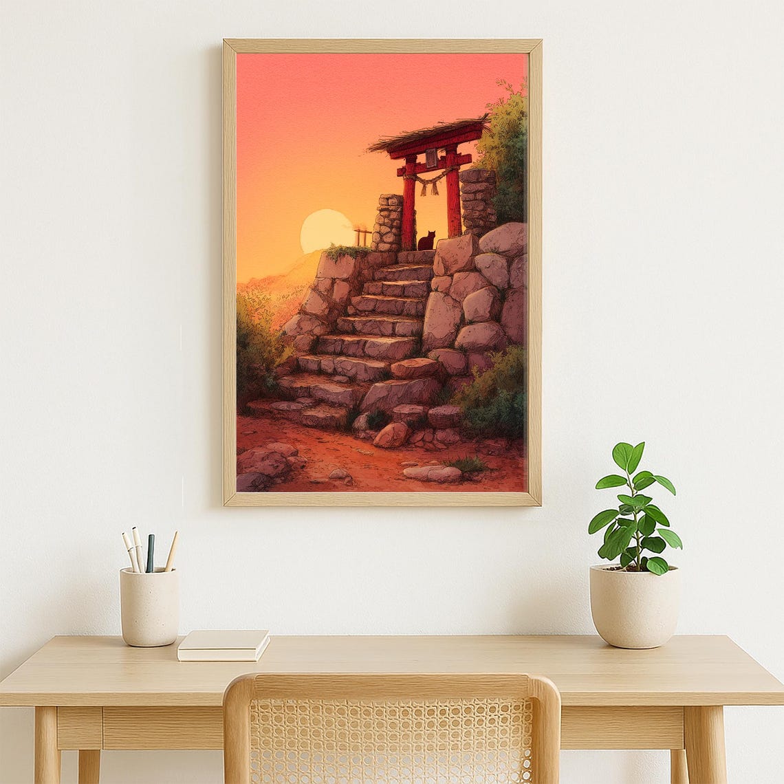 Japanese Shrine Sunset Red Torii Gate With Cat on Stone Steps Poster - Image 4