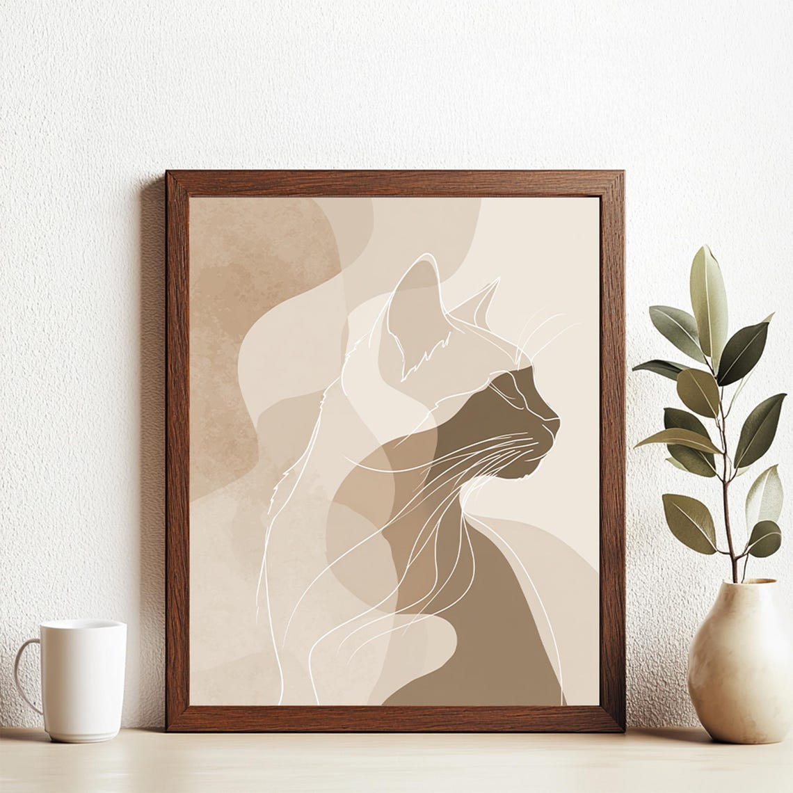 Minimalist Cat Line Art Neutral Beige Abstract Wall Decor Poster