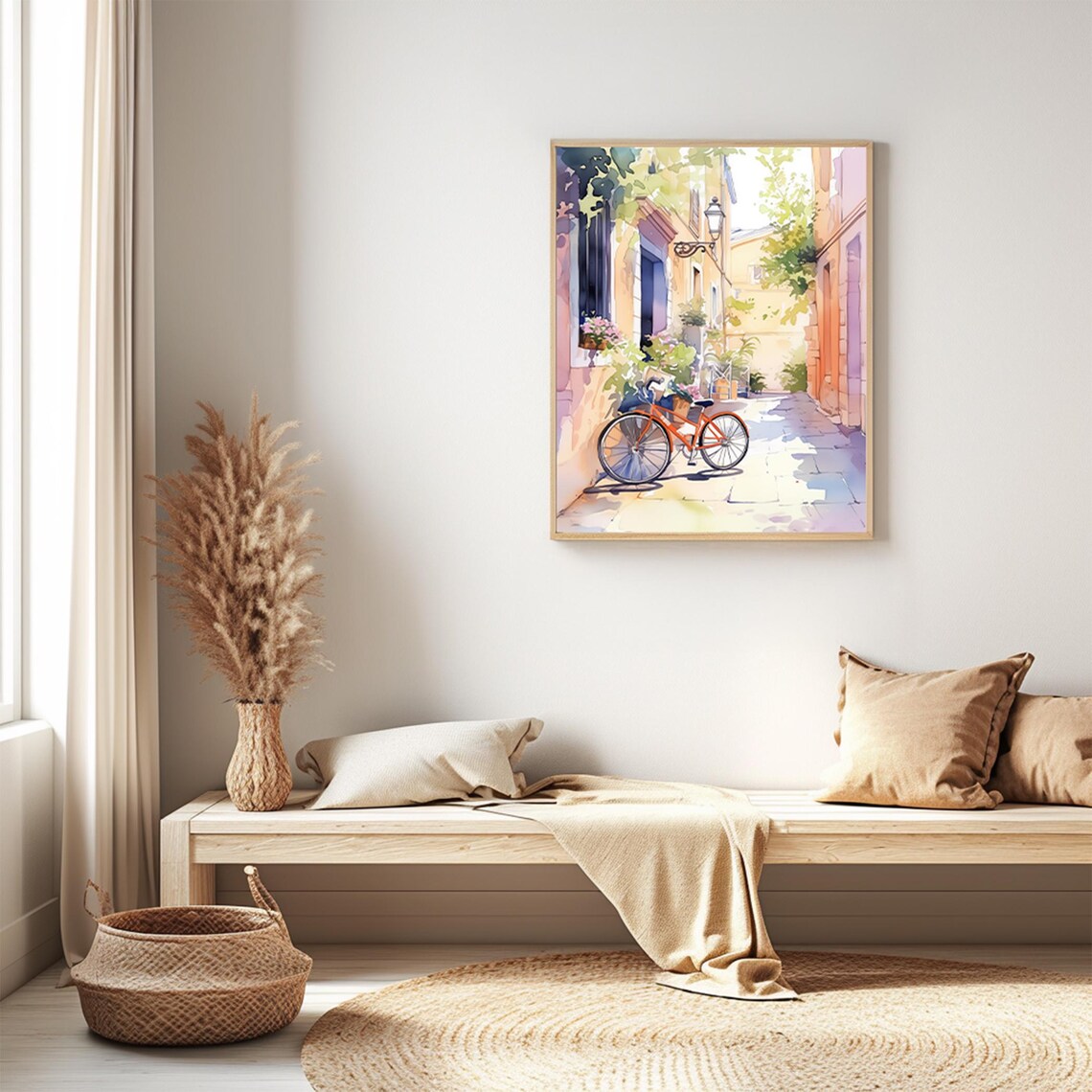 Red Bicycle Sunny Mediterranean Alley Flower Watercolor Poster - Image 3