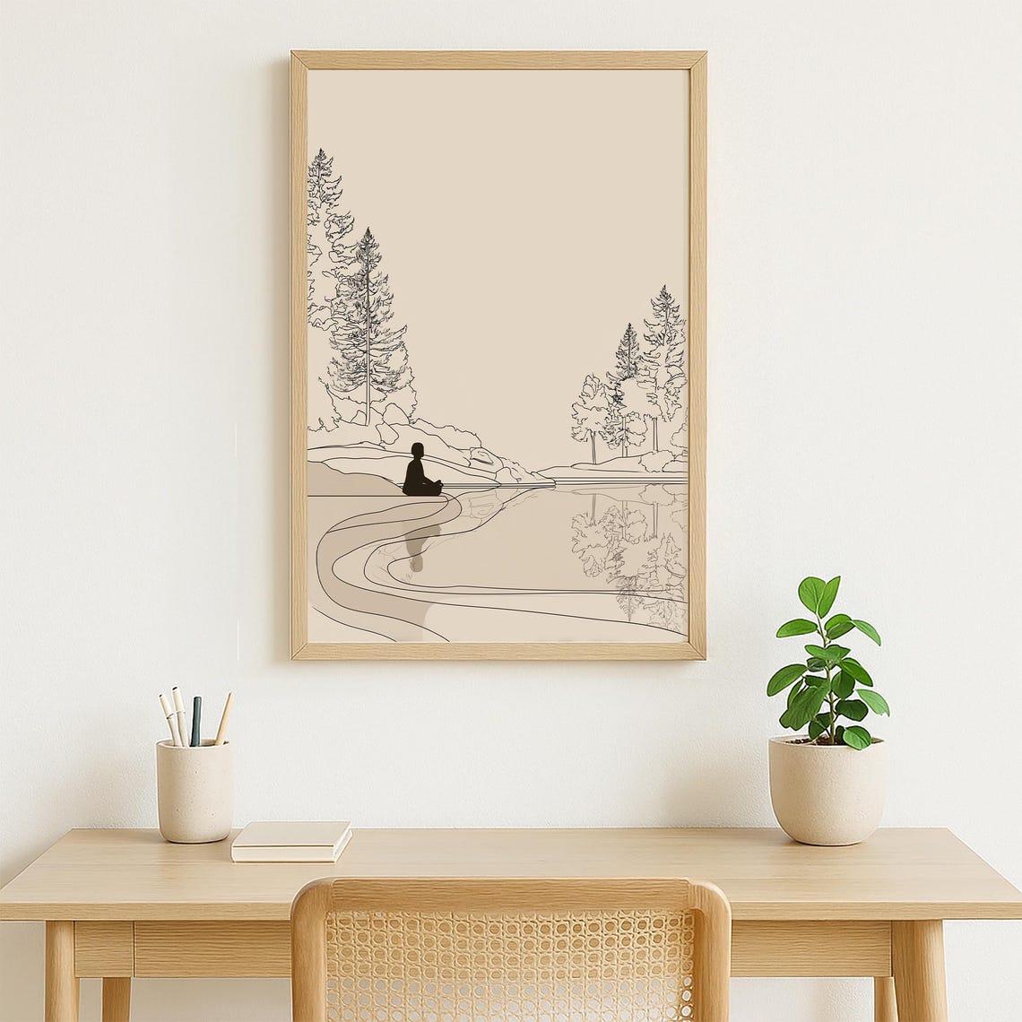 Minimalist Lake Meditation Line Drawing With Pines Reflection Poster - Image 4