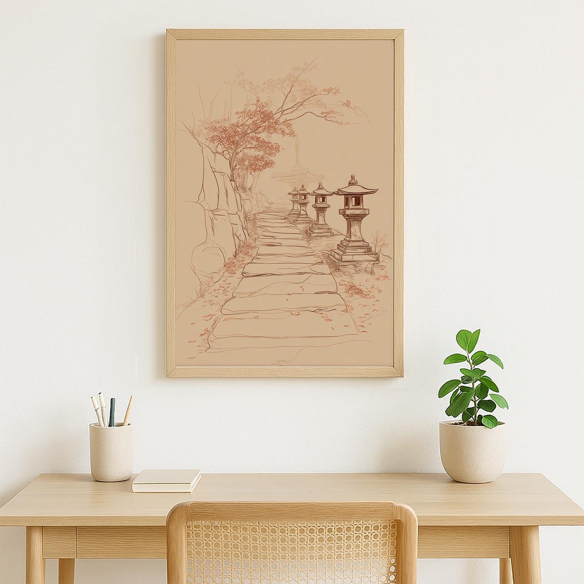 Japanese Stone Path Lanterns Cherry Blossom Temple Walk Art Poster - Image 3