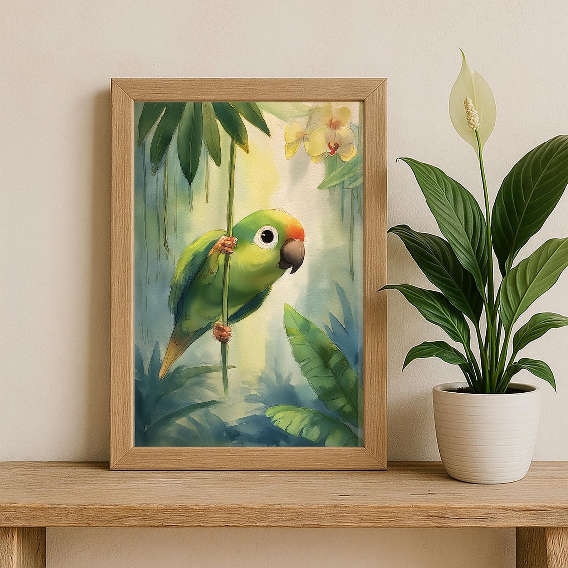 Cute Green Parrot Climbing Vine With Orchids Watercolor Jungle Poster - Image 2