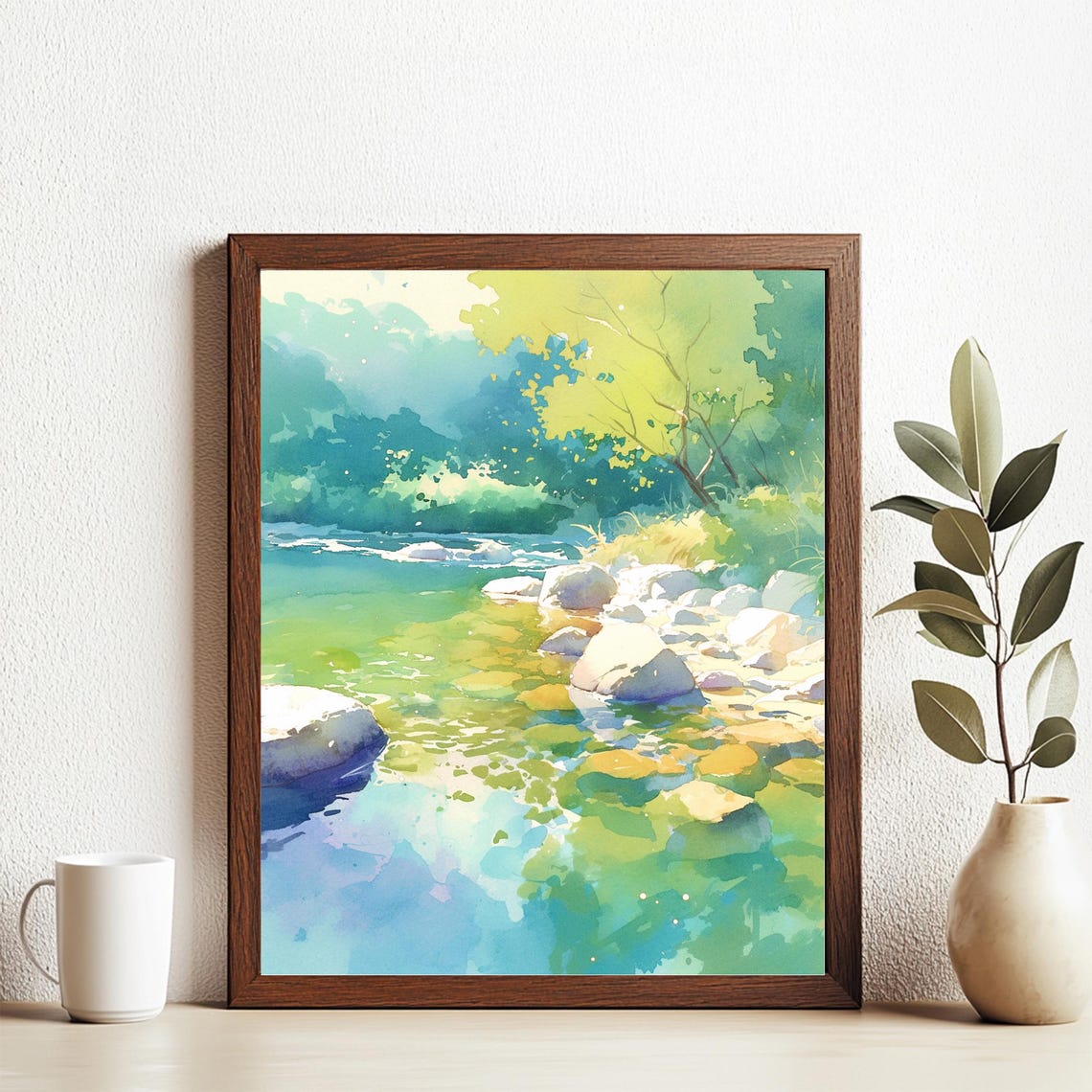 Sunlit Forest Stream Rocks Watercolor Peaceful Nature Wall Art