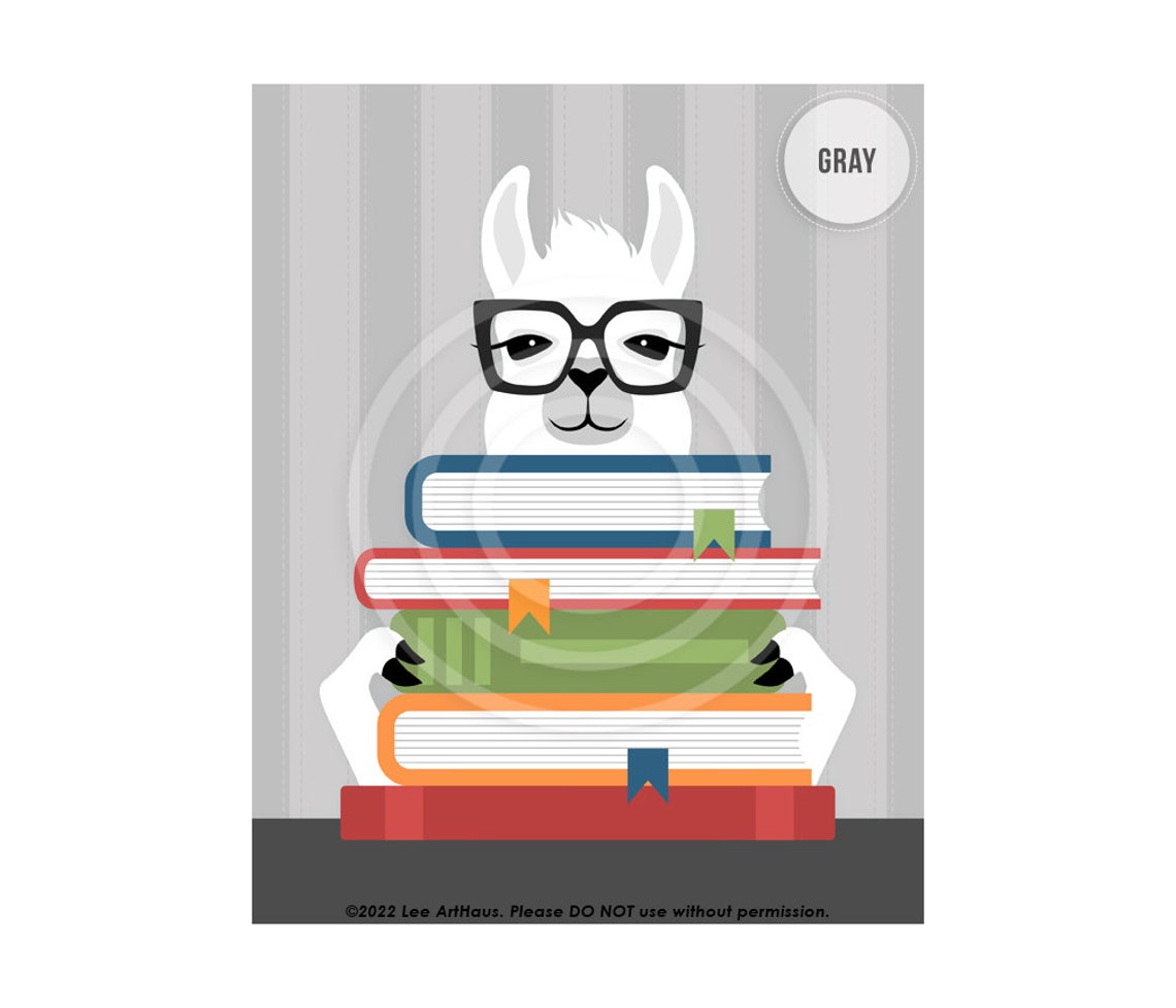 White Llama With Glasses Reading Stack Of Books Cartoon Art Poster - Image 3