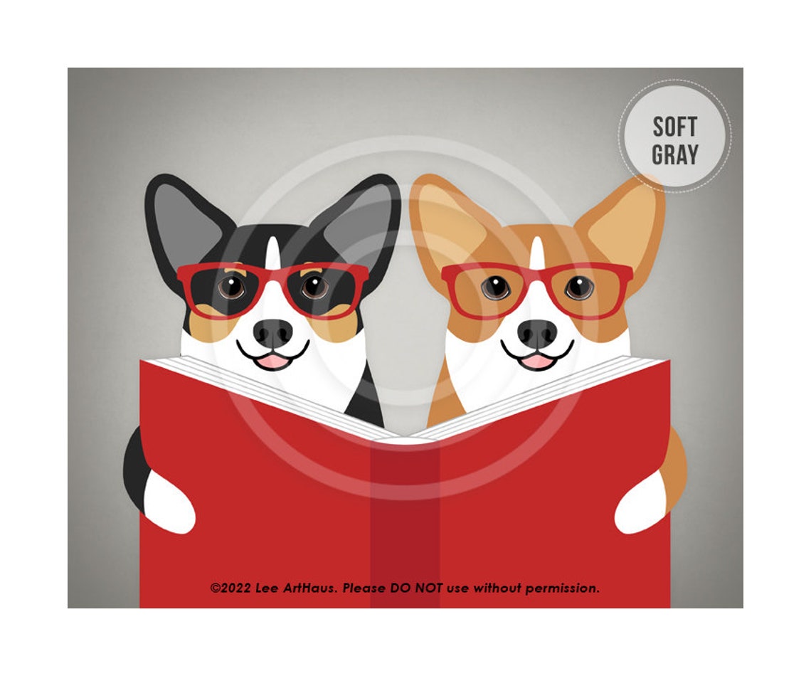 Two Corgi Dogs Red Glasses Reading Book Cute Library Decor Wall Poster - Image 3