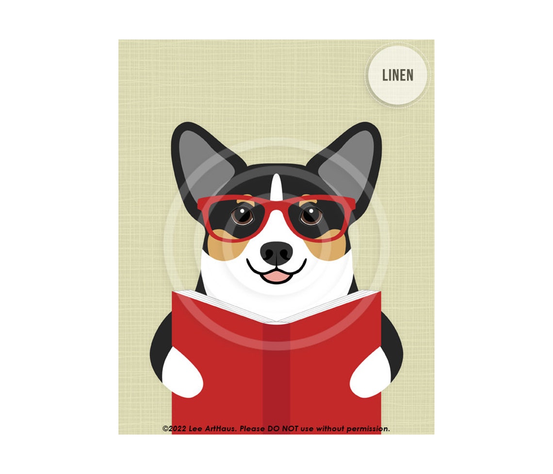 Tricolor Corgi Wearing Red Glasses Reading a Book Funny Poster