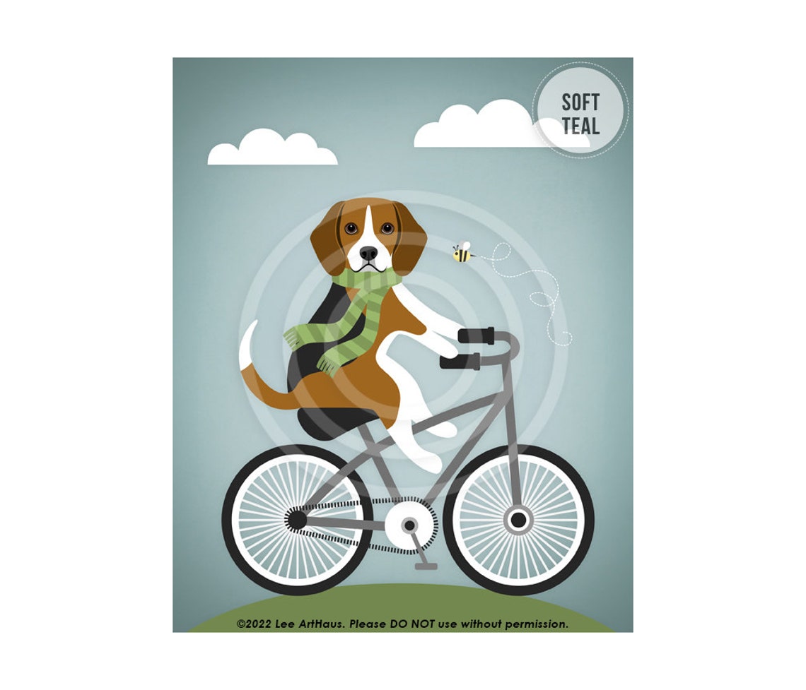 Beagle Riding Vintage Bicycle Green Scarf Retro Illustration Poster - Image 4
