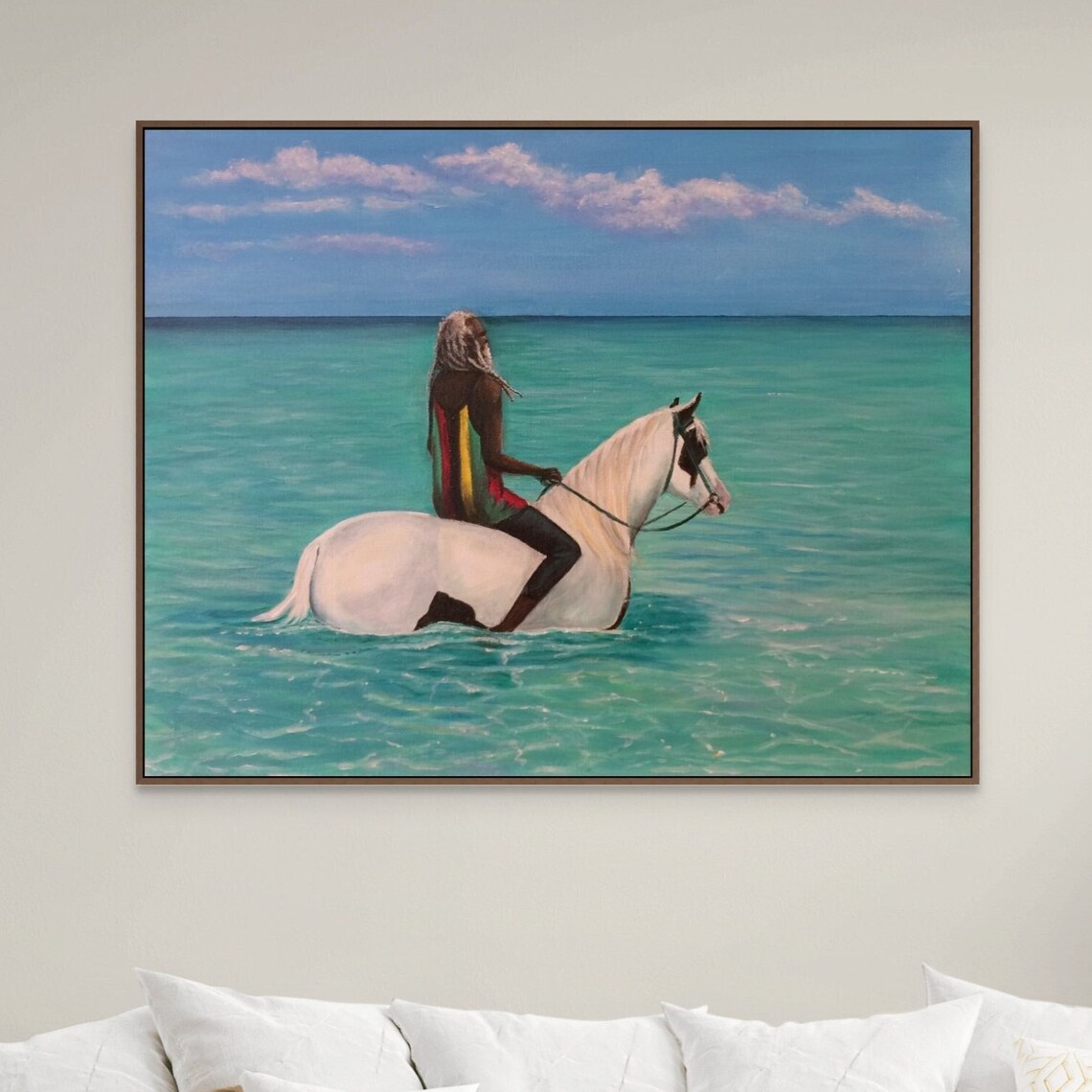 Woman Riding White Horse Turquoise Ocean Shallow Sea Beach Poster - Image 5