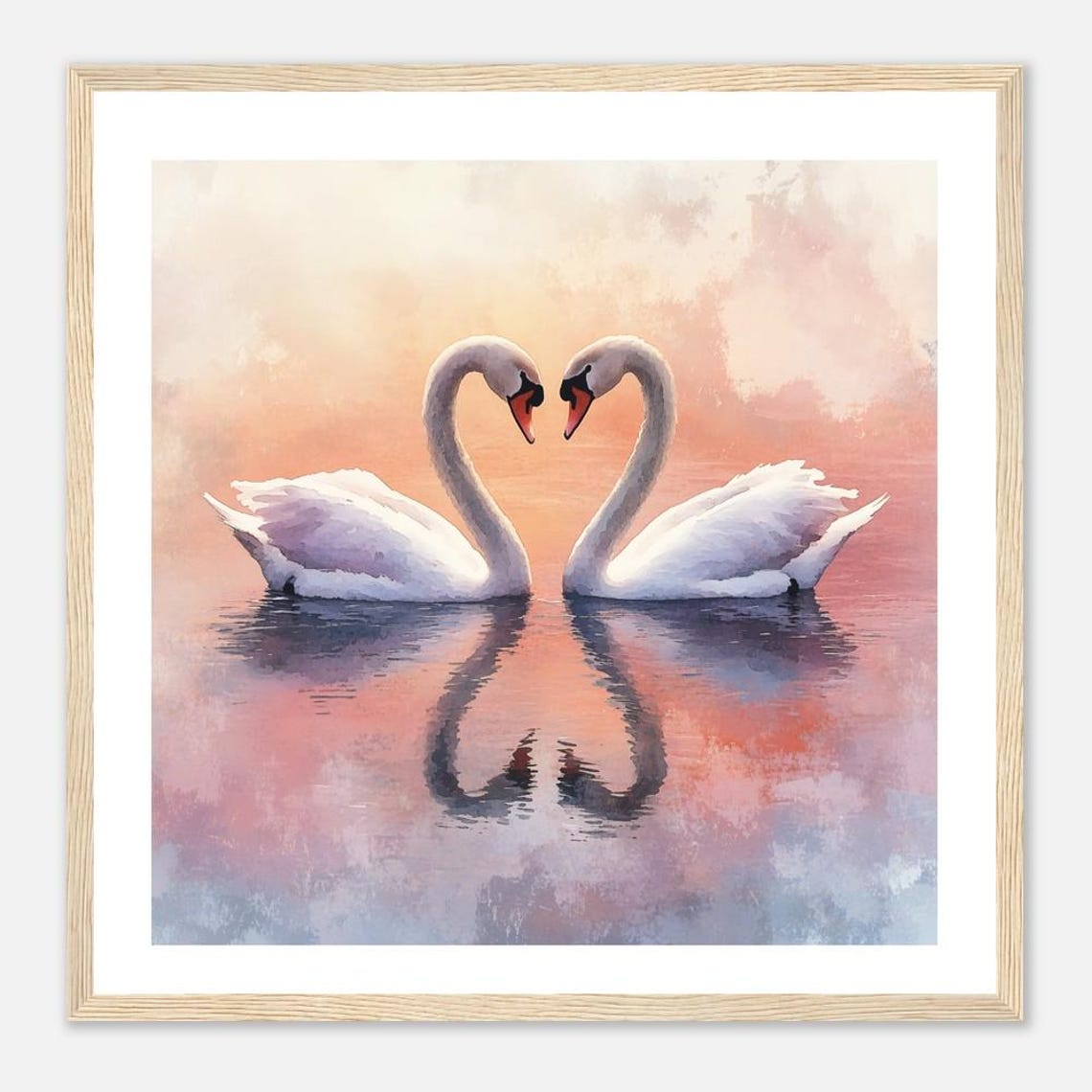 White Swans Heart Shape Romantic Pink Sunset Water Art Print - Image 2