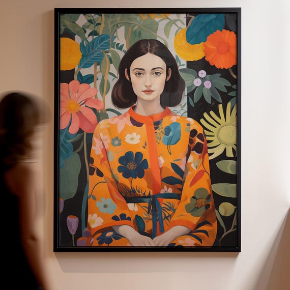 Floral Dress Portrait Bright Botanical Woman Wall Art For Office Or Hallway Painting