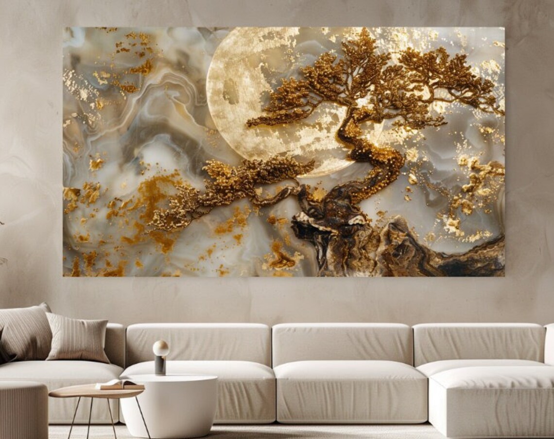 Alabaster Tree and Moon Luxury Abstract Art Print