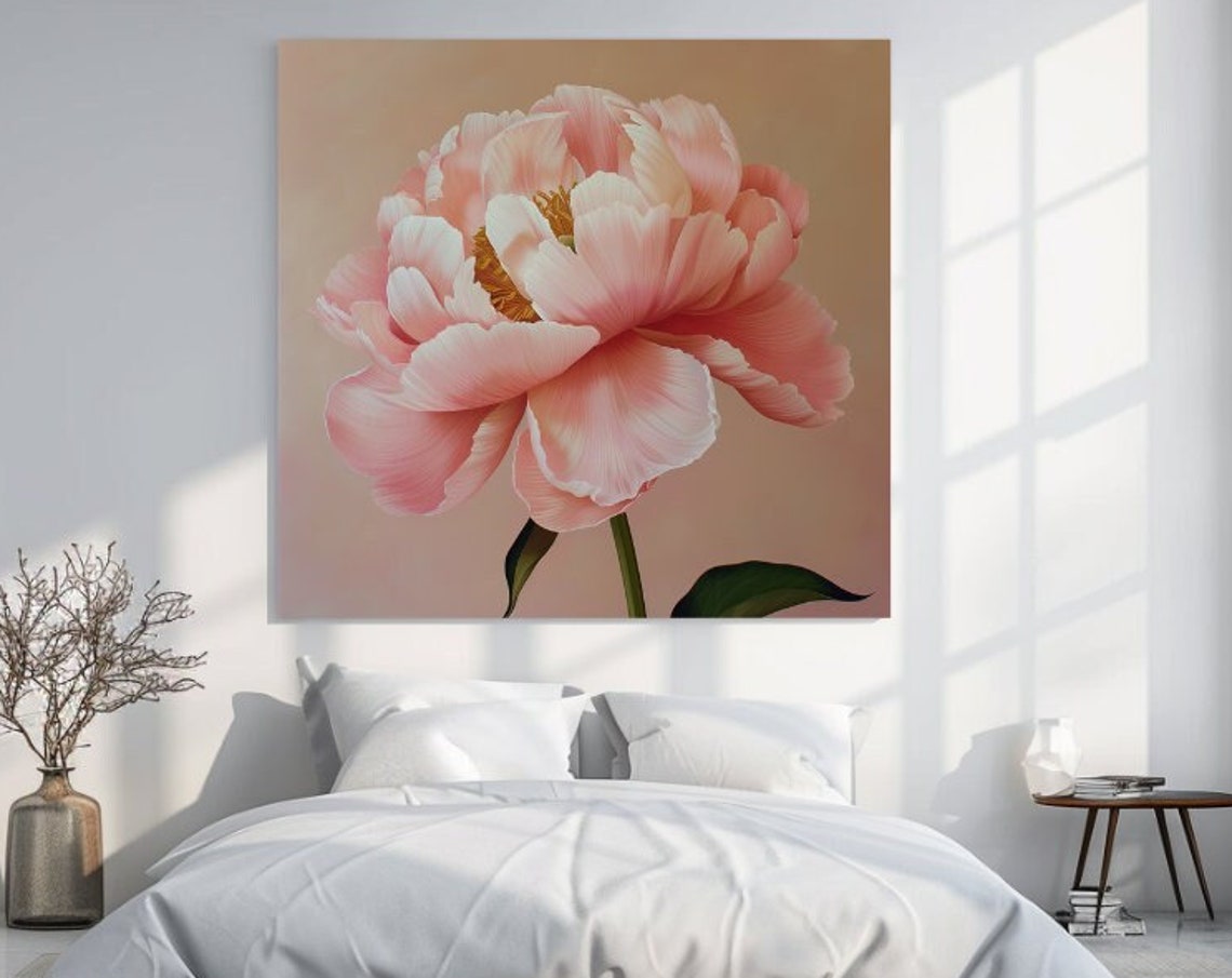Single Soft Pink Peony Bloom Close Up Elegant Floral Wall Art