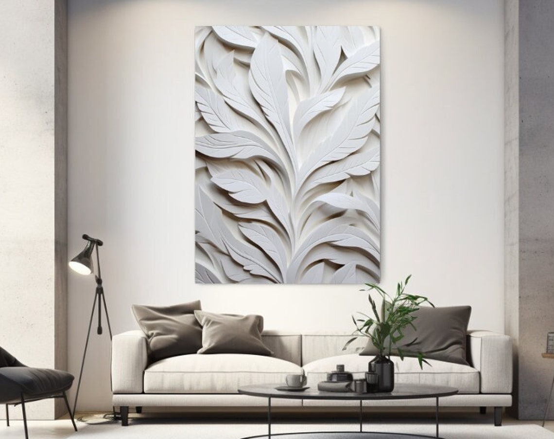 White 3D Leaf Relief Sculpture Minimalist Elegant Wall Poster