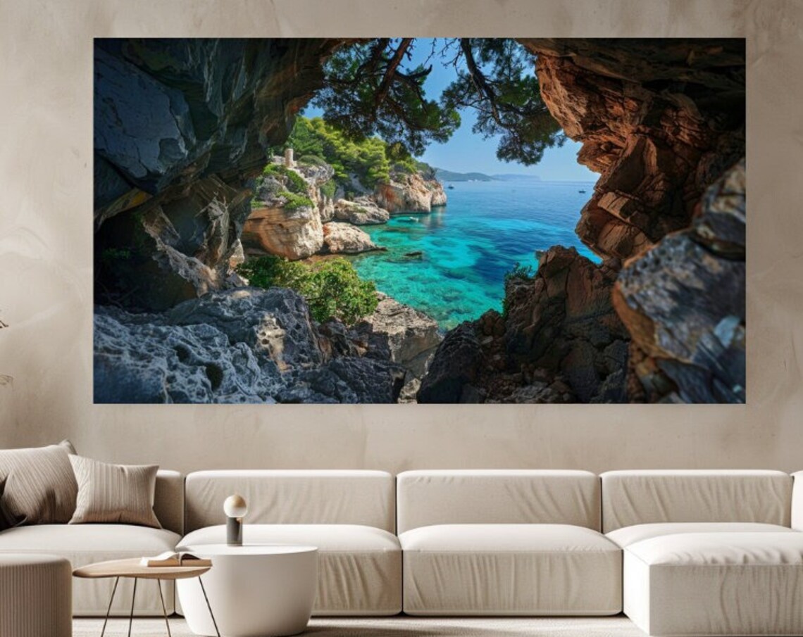 Greek Island Sea Cave View Turquoise Coastline Cliffs Travel Poster