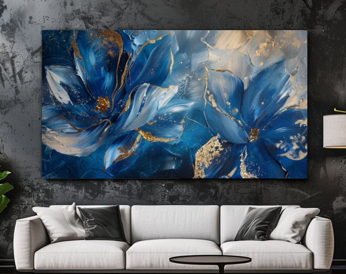 Blue Floral Leaves Abstract Art With Gold Accents Luxury Poster