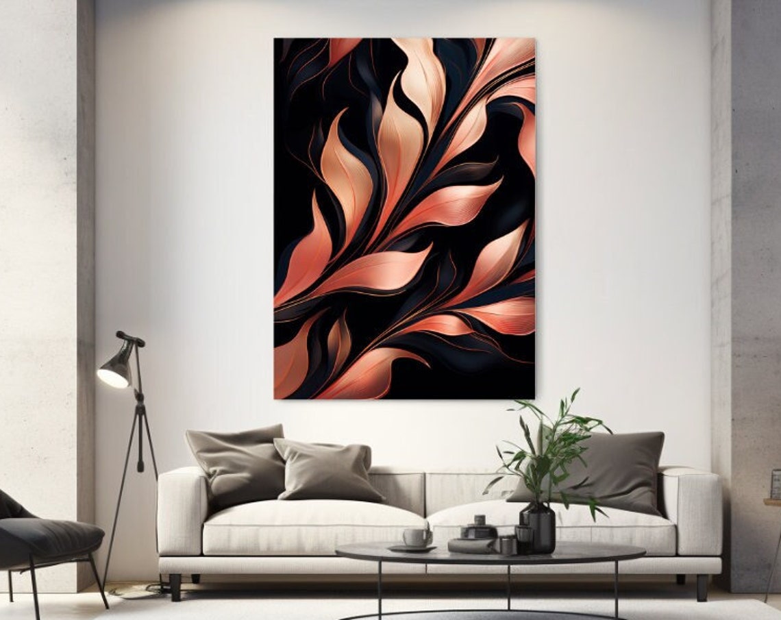 Rosegold Metallic Leaves on Black Background Botanical Wall Art