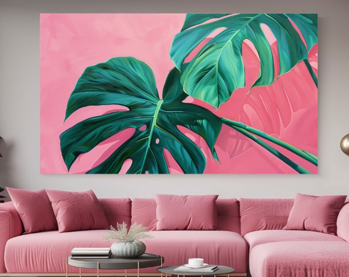Monstera Leaves Pink Background Bold Tropical Botanical Wall Art