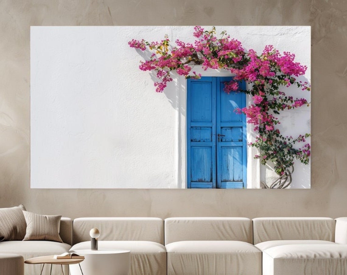 Blue Door Bougainvillea White Wall Mediterranean Summer Poster