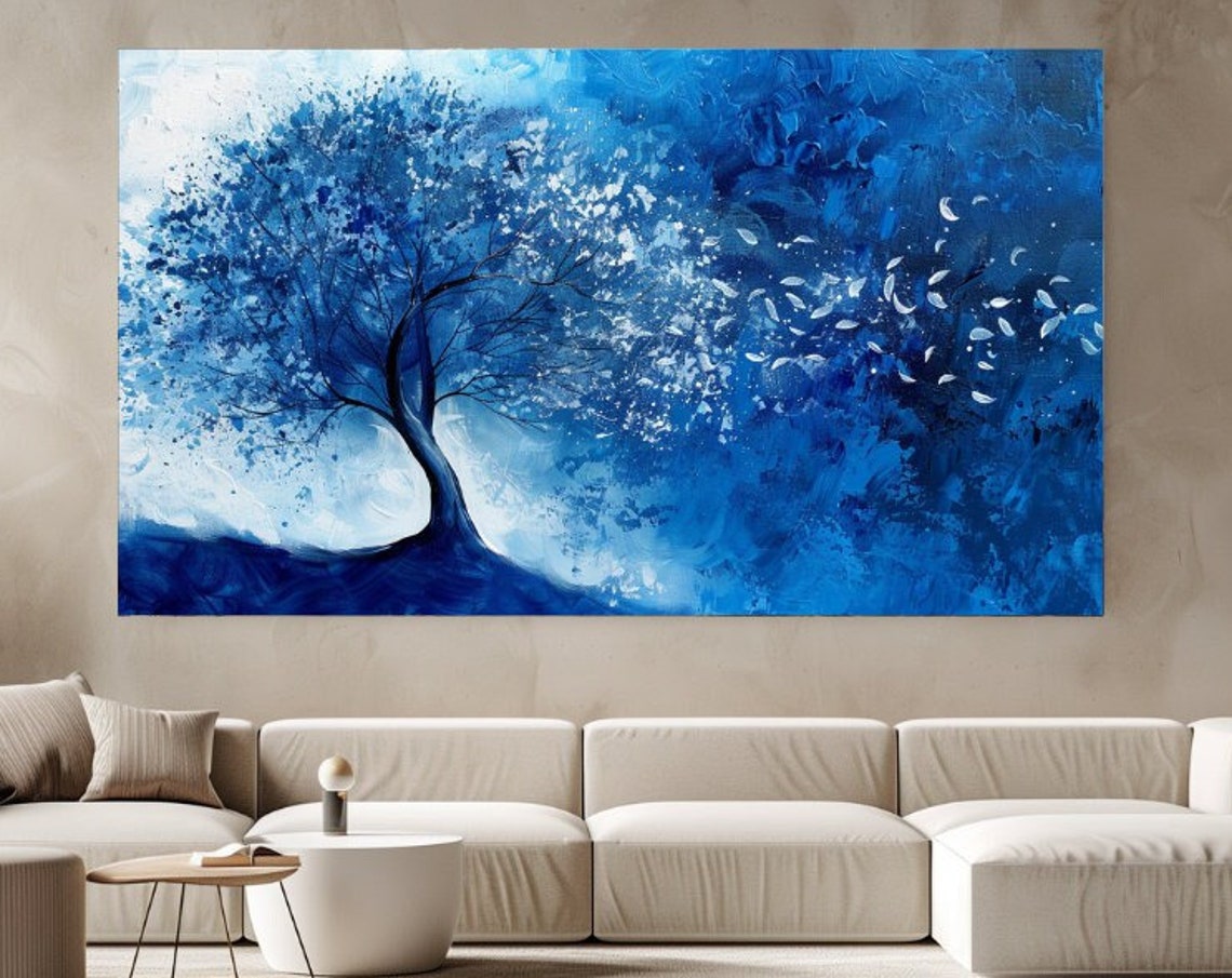 Indigo Blue Tree With Blossoming Petals In Wind Abstract Poster