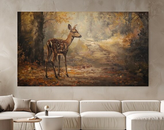 Deer Fawn Autumn Forest Golden Leaves Painterly Wildlife Art Poster