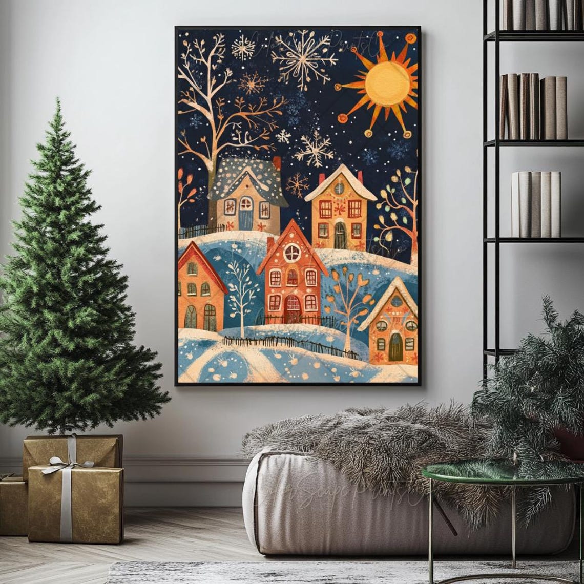Christmas Village Wall Art Whimsical Winter Wonderland Christmas Wall Art Folk Art Christmas Colorful Winter Houses Scandinavian Christmas - Image 3
